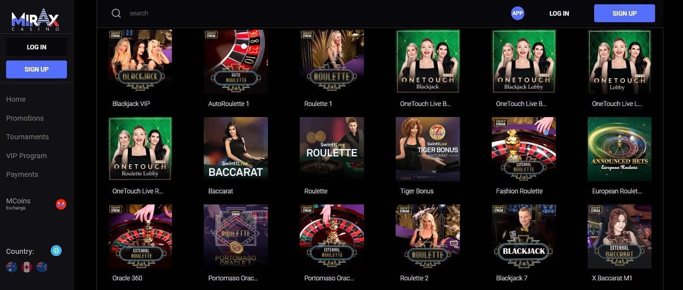 mirax casino live games